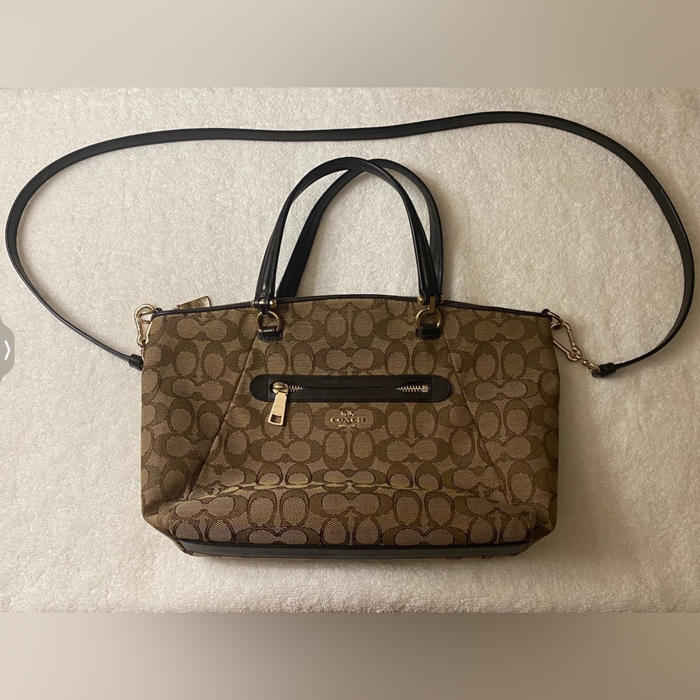 Vintage Coach Signature Small Satchel Brown Beige Zip Bag.